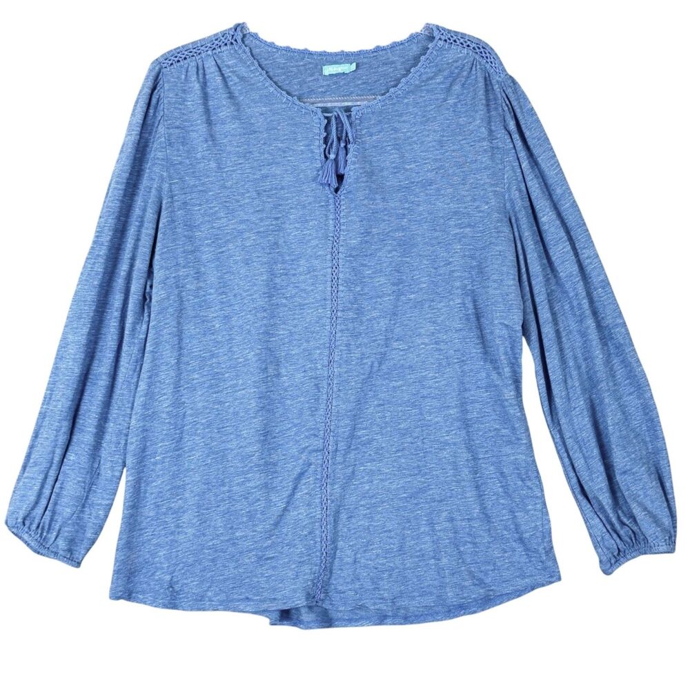 J McLaughlin Linen Crochet Trim Peasant Top Blue Tassel Tie L/S Pullover